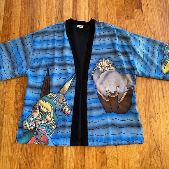 Irene Klar Hand-painted Silk Open Front Silk Kimono - Mythical - One Size - Picture 1 of 5